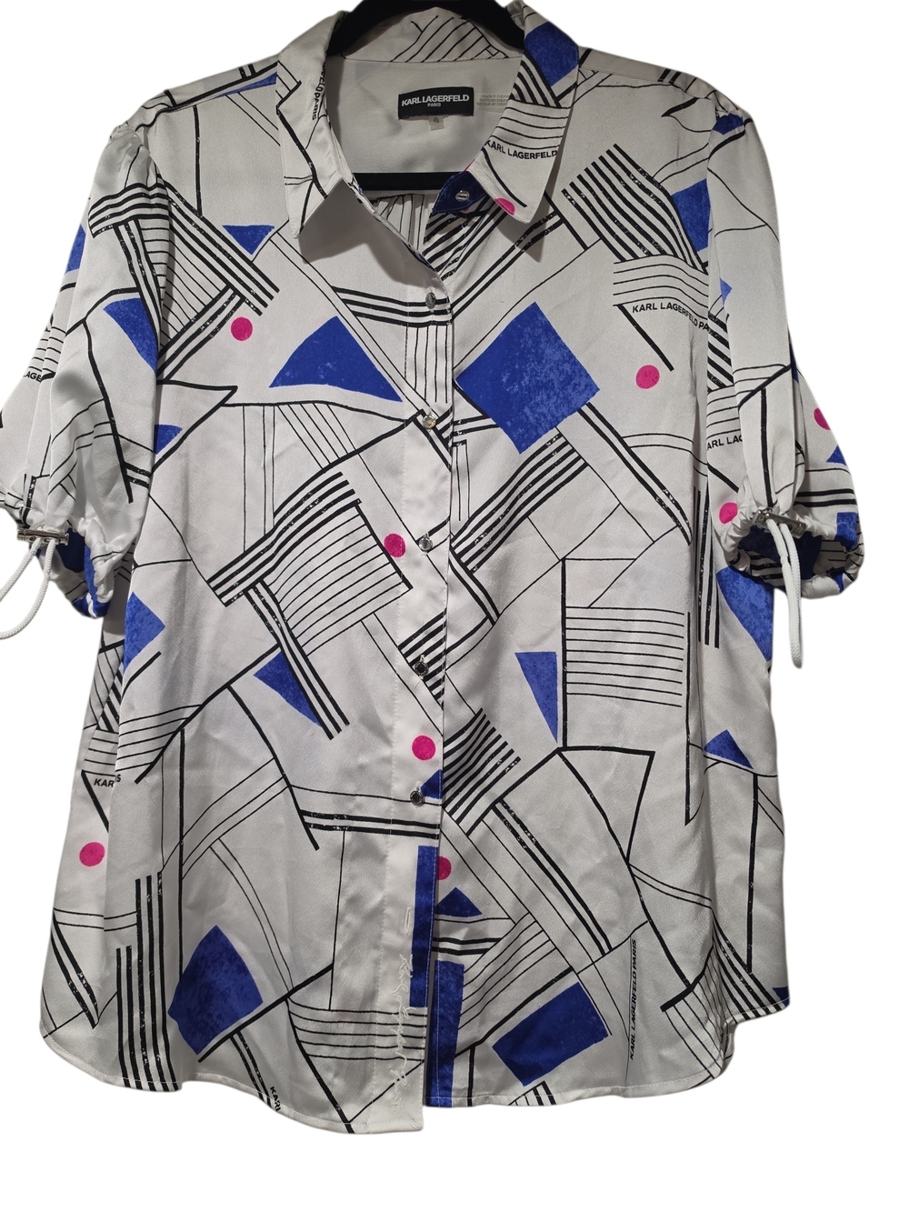 Karl Lagerfeld White Button-Front Short Sleeve Shirt with Blue & Pink Accents